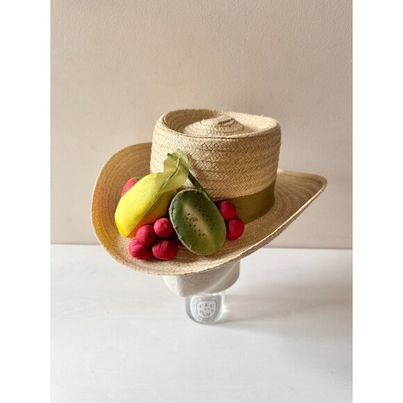 Vintage TOUCAN Straw Raffia Fake Fruit Embellished Gambler Hat, One Size - Picture 13 of 14
